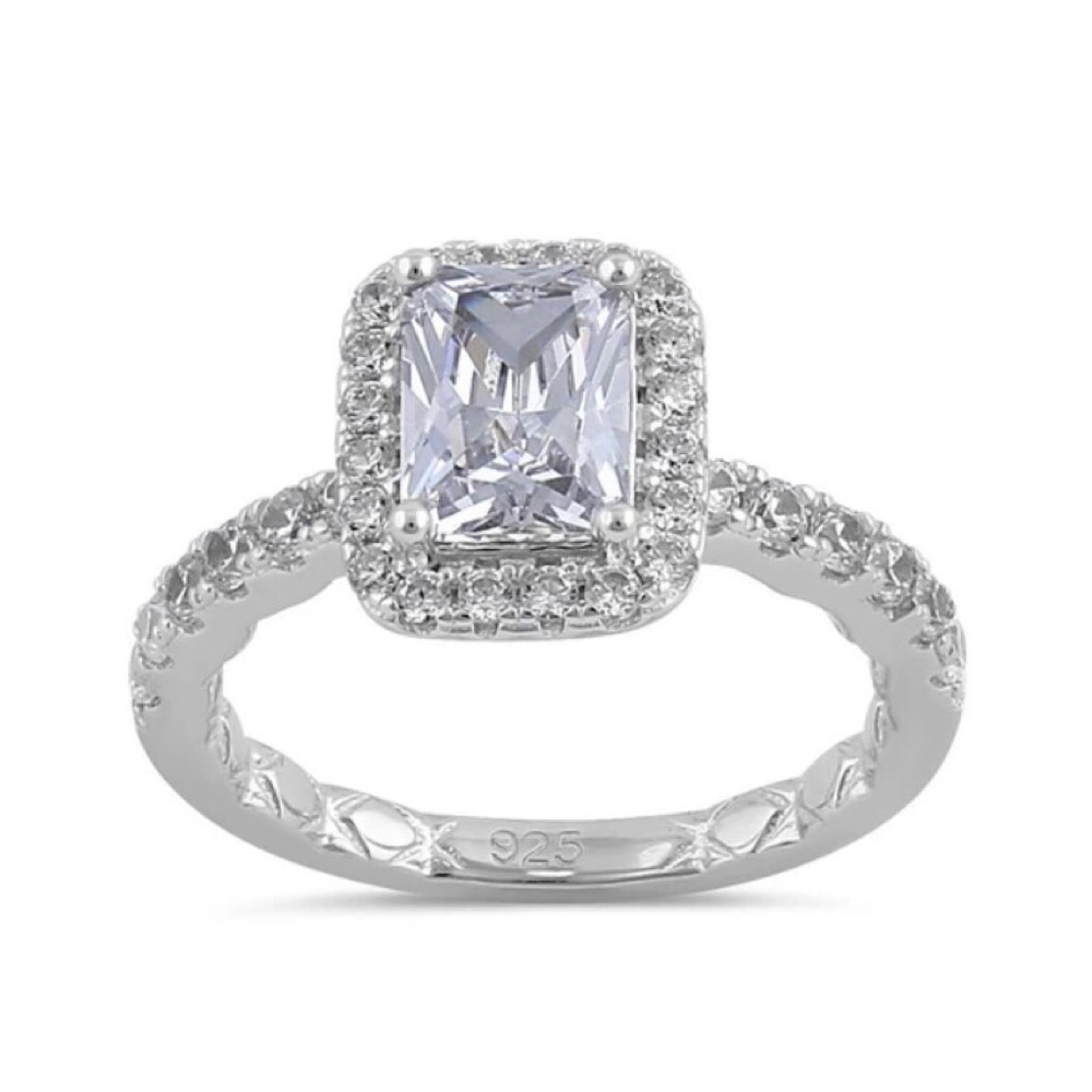 925 STERLING SILVER Radiant Cut Clear Cubic Zirconia Halo Ring - Picture 14 of 16